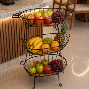 Fruteira Oval em ferro e madeira com 3 cestos
