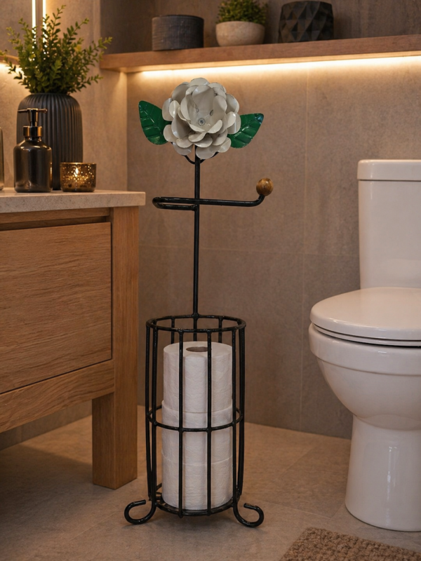 Porta Papel Higiênico em Ferro - Flor Branco