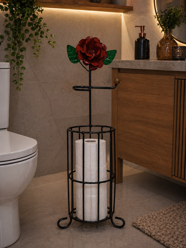 Porta Papel Higiênico em Ferro - Flor Vermelho
