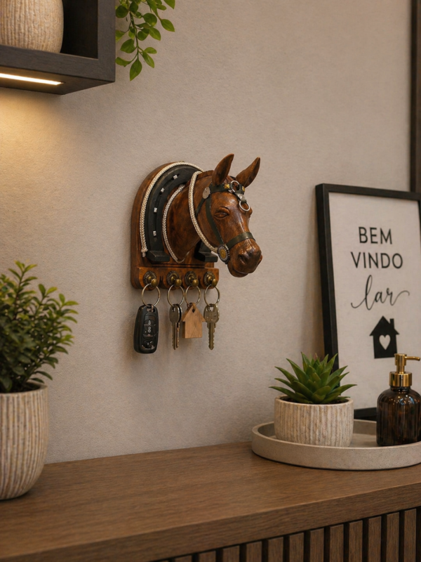 Porta-Chaves Cavalo com Ferradura em Madeira Maciça – Artesanal