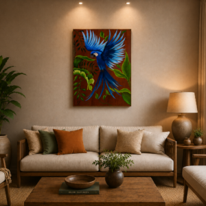 Quadro Artesanal em Madeira Maciça – Arara Azul Tropical