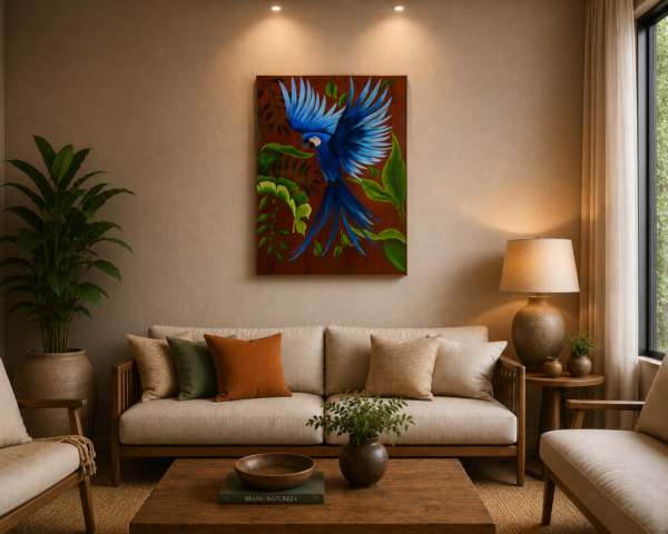 Quadro Artesanal em Madeira Maciça – Arara Azul Tropical
