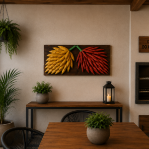 Quadro Artesanal em Madeira Maciça com Bananas e Pimentas