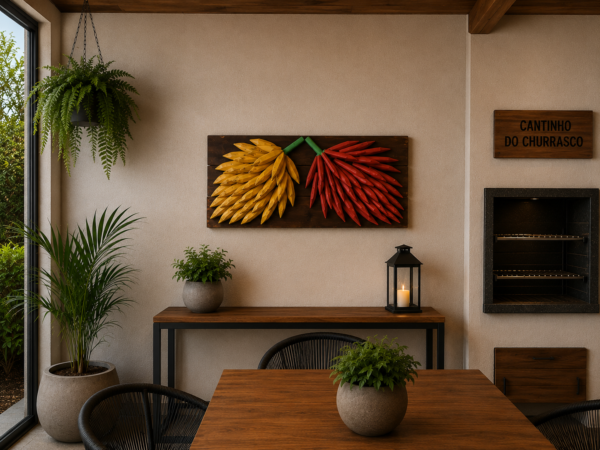 Quadro Artesanal em Madeira Maciça com Bananas e Pimentas