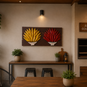 Quadro Artesanal em Madeira Maciça com Bananas e Pimentas