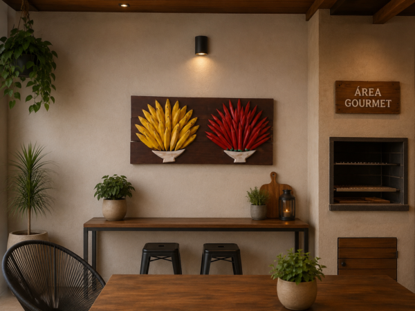 Quadro Artesanal em Madeira Maciça com Bananas e Pimentas