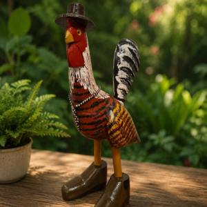 Galo Decorativo com Botas em Madeira Maciça