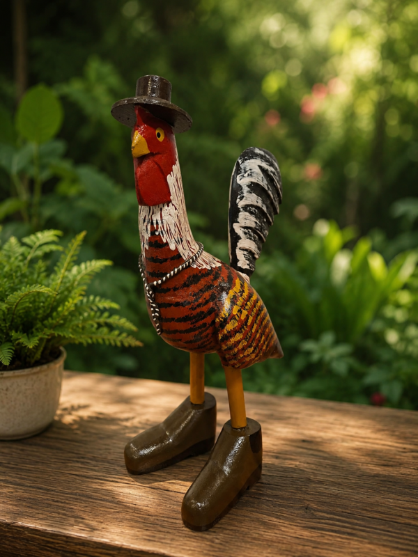 Galo Decorativo com Botas em Madeira Maciça