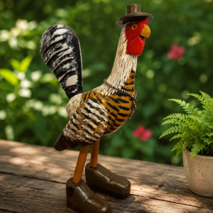 Galo Decorativo com Botas em Madeira Maciça