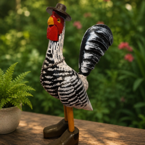 Galo Decorativo com Botas em Madeira Maciça