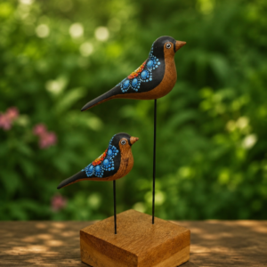 Escultura de Pássaros em Madeira Maciça com Pintura Artesanal
