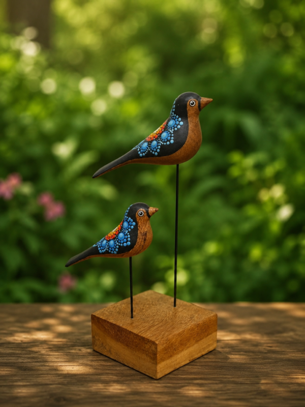 Escultura de Pássaros em Madeira Maciça com Pintura Artesanal