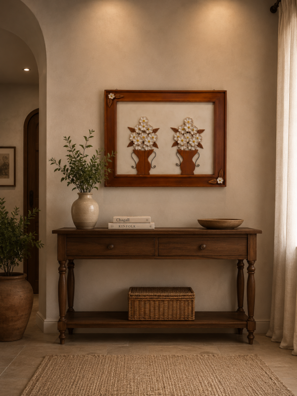 Quadro Artesanal em Madeira Maciça com Flores Decorativas