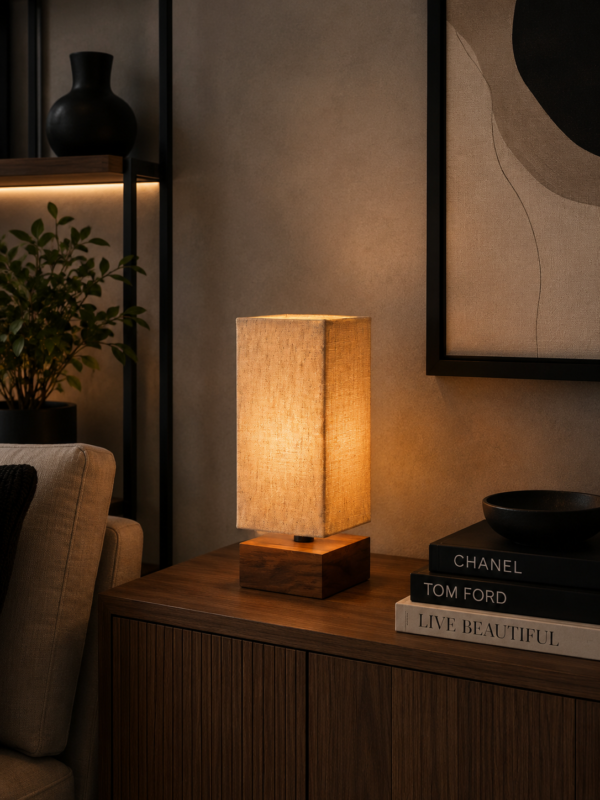 Luminária Artesanal com Cúpula em Tela e Base em Madeira Peroba Rosa