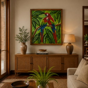 Quadro Artesanal Moldurado em Madeira Maciça – Araras Vermelhas