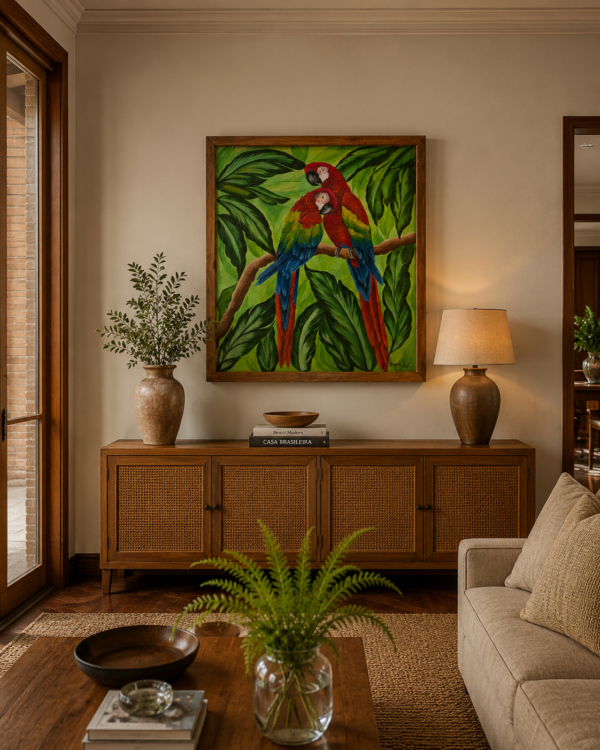 Quadro Artesanal Moldurado em Madeira Maciça – Araras Vermelhas