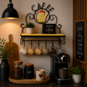 Prateleira Artesanal Cantinho do Café em Ferro e Madeira Maciça