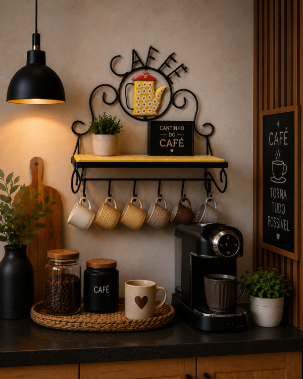 Prateleira Artesanal Cantinho do Café em Ferro e Madeira Maciça